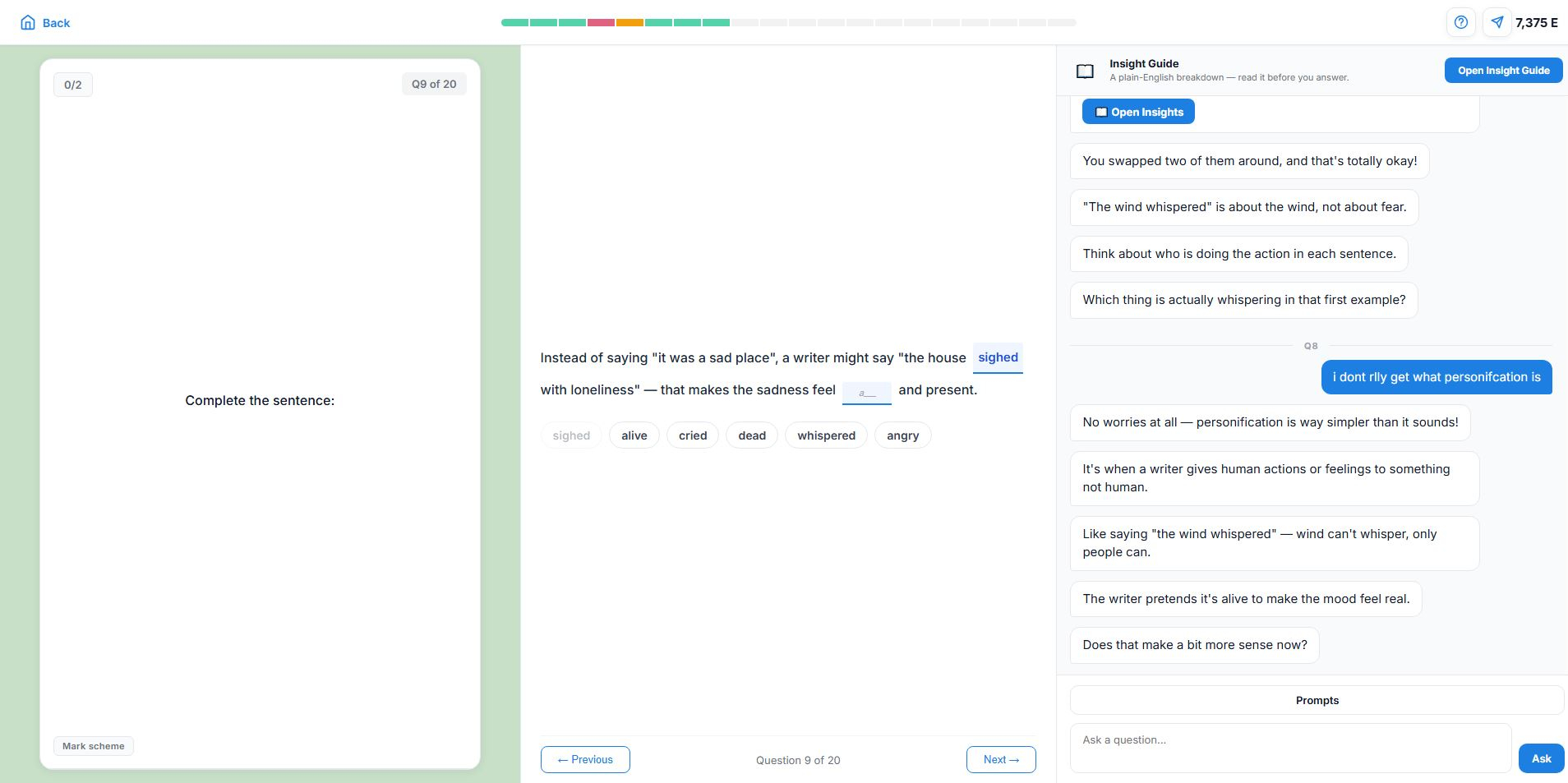 Exam-style question with the AI Insight Guide open beside it